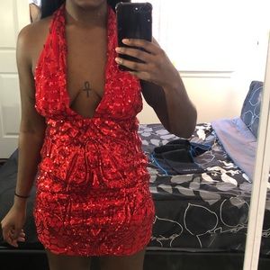 Red Sequin Halter Dress